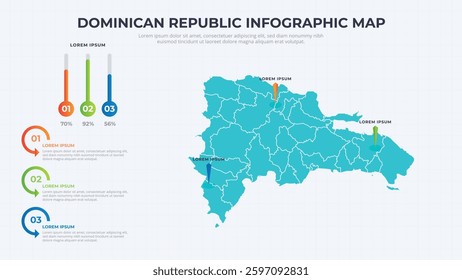 Infographic Map of Dominican Republic. Dominican Republic country map infographic colored vector template with regions and pointer marks.
