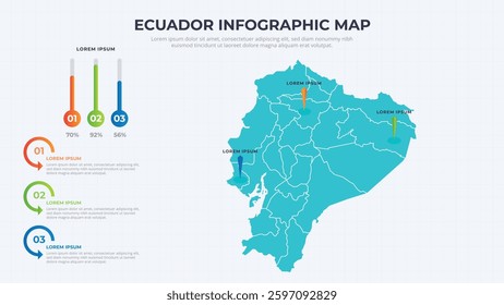 Infographic Map of Ecuador. Ecuador country map infographic colored vector template with regions and pointer marks.
