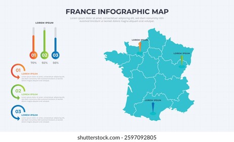 Infographic Map of France. France country map infographic colored vector template with regions and pointer marks.