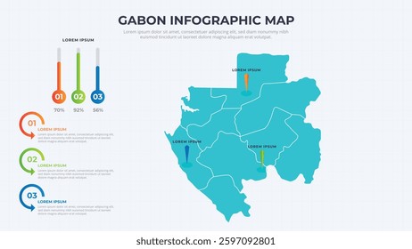 Infographic Map of Gabon. Gabon country map infographic colored vector template with regions and pointer marks.