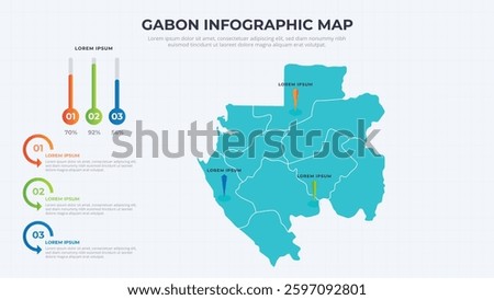 Infographic Map of Gabon. Gabon country map infographic colored vector template with regions and pointer marks.