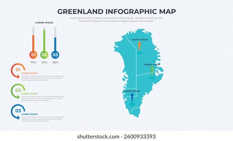 Infographic Map of Greenland. Greenland country map infographic colored vector template with regions and pointer marks.