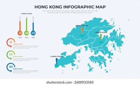 Infographic Map of Hong Kong. Hong Kong country map infographic colored vector template with regions and pointer marks.