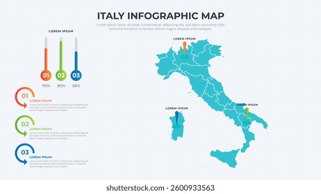 Infographic Map of Italy. Italy country map infographic colored vector template with regions and pointer marks.
