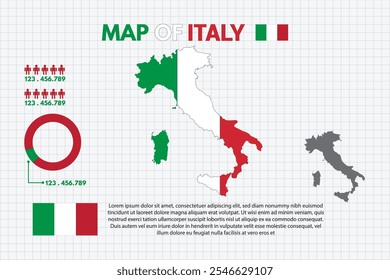 Infographic Map of Italy Country include of flag people icon statistic and pie chart vector design flat style isolated ready to use free editable.