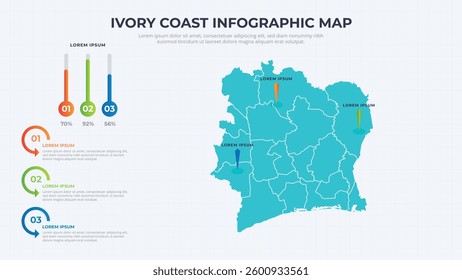 Infographic Map of Ivory Coast. Ivory Coast country map infographic colored vector template with regions and pointer marks.