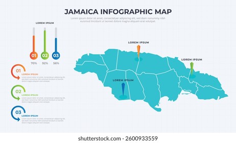 Infographic Map of Jamaica. Jamaica country map infographic colored vector template with regions and pointer marks.