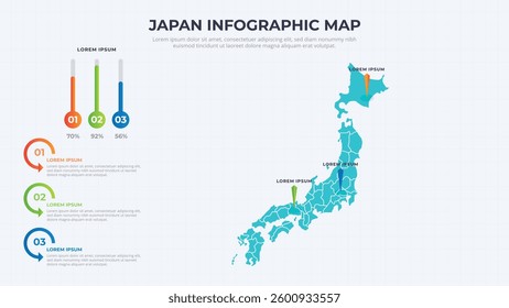 Infographic Map of Japan. Japan country map infographic colored vector template with regions and pointer marks.