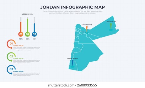Infographic Map of Jordan. Jordan country map infographic colored vector template with regions and pointer marks.