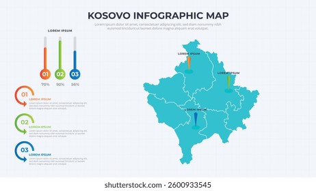 Infographic Map of Kosovo. Kosovo country map infographic colored vector template with regions and pointer marks.