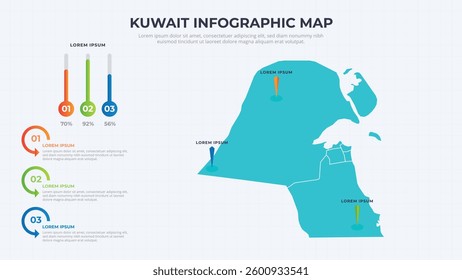 Infographic Map of Kuwait. Kuwait country map infographic colored vector template with regions and pointer marks.