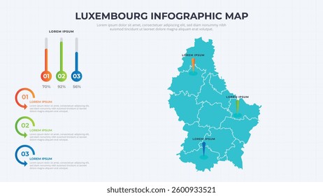 Infographic Map of Luxembourg. Luxembourg country map infographic colored vector template with regions and pointer marks.