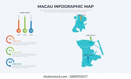 Infographic Map of Macau. Macau country map infographic colored vector template with regions and pointer marks.