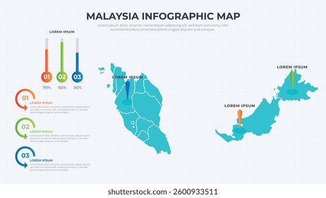 Infographic Map of Malaysia. Malaysia country map infographic colored vector template with regions and pointer marks.