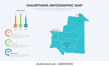 Infographic Map of Mauritania. Mauritania country map infographic colored vector template with regions and pointer marks.