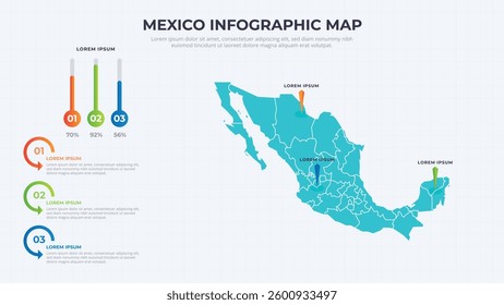 Infographic Map of Mexico. Mexico country map infographic colored vector template with regions and pointer marks.
