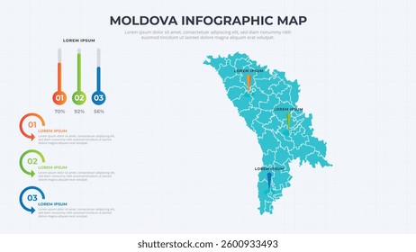 Infographic Map of Moldova. Moldova country map infographic colored vector template with regions and pointer marks.