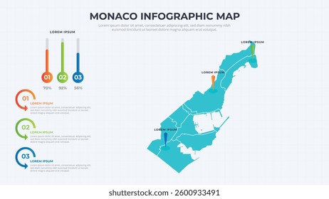 Infographic Map of Monaco. Monaco country map infographic colored vector template with regions and pointer marks.