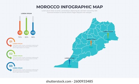Infographic Map of Morocco. Morocco country map infographic colored vector template with regions and pointer marks.