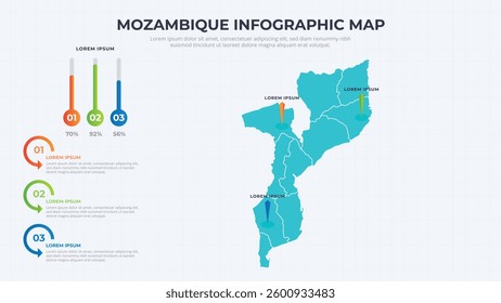 Infographic Map of Mozambique. Mozambique country map infographic colored vector template with regions and pointer marks.