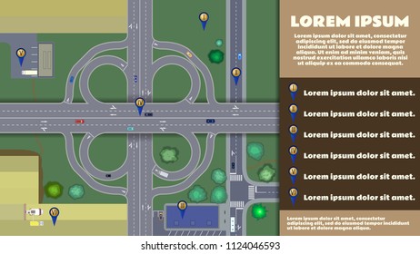 Infographic map. Multilevel clover-like road junction with vehicles near the big city.