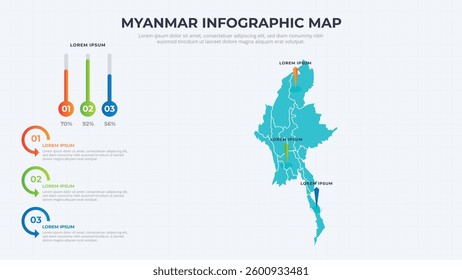 Infographic Map of Myanmar. Myanmar country map infographic colored vector template with regions and pointer marks.