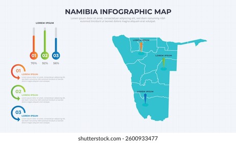 Infographic Map of Namibia. Namibia country map infographic colored vector template with regions and pointer marks.