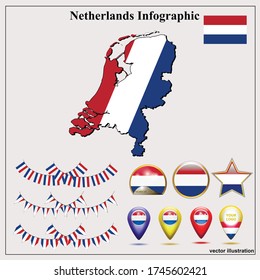 Infographic with map of Netherlands and flag. Netherlands  infographic. Set illustration with map, flag, buttons and navigation web buttons. Vector illustration. 