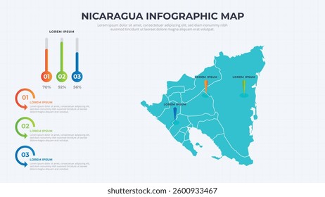 Infographic Map of Nicaragua. Nicaragua country map infographic colored vector template with regions and pointer marks.