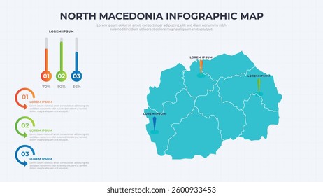 Infographic Map of North Macedonia. North Macedonia country map infographic colored vector template with regions and pointer marks.