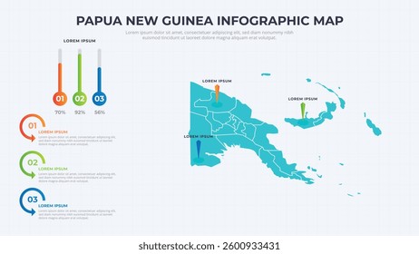 Infographic Map of Papua New Guinea. Papua New Guinea country map infographic colored vector template with regions and pointer marks.