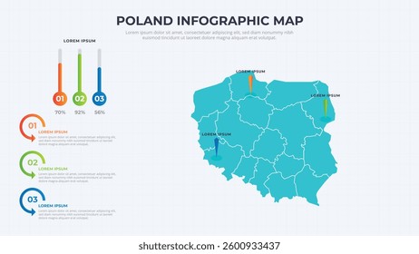 Infographic Map of Poland. Poland country map infographic colored vector template with regions and pointer marks.