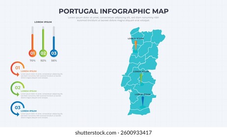 Infographic Map of Portugal. Portugal country map infographic colored vector template with regions and pointer marks.