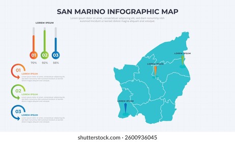 Infographic Map of San Marino. San Marino country map infographic colored vector template with regions and pointer marks.