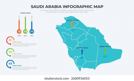 Infographic Map of Saudi Arabia. Saudi Arabia country map infographic colored vector template with regions and pointer marks.
