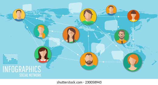 Info-graphic map with social connections, men and women all around the world. 