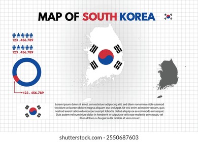 Infographic Map of South Korea Country include of flag people icon statistic and pie chart vector design flat style isolated ready to use free editable.