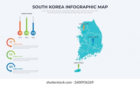 Infographic Map of South Korea. South Korea country map infographic colored vector template with regions and pointer marks.