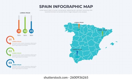 Infographic Map of Spain. Spain country map infographic colored vector template with regions and pointer marks.