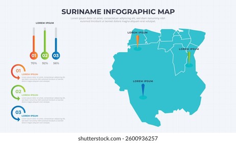 Infographic Map of Suriname. Suriname country map infographic colored vector template with regions and pointer marks.