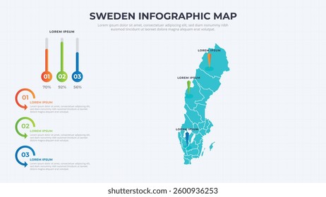 Infographic Map of Sweden. Sweden country map infographic colored vector template with regions and pointer marks.