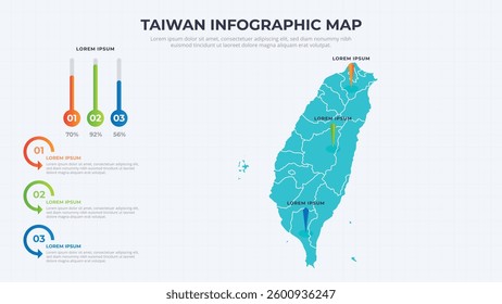 Infographic Map of Taiwan. Taiwan country map infographic colored vector template with regions and pointer marks.