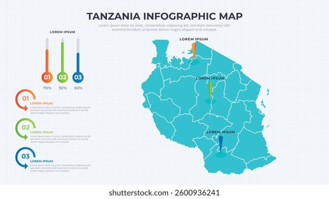 Infographic Map of Tanzania. Tanzania country map infographic colored vector template with regions and pointer marks.