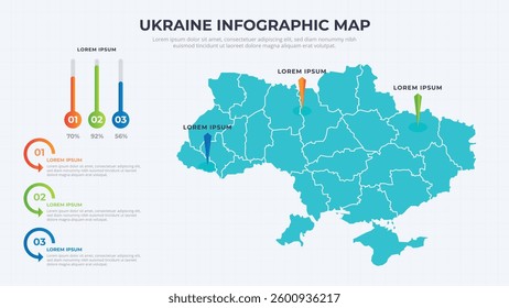 Infographic Map of Ukraine. Ukraine country map infographic colored vector template with regions and pointer marks.