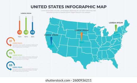 Infographic Map of United States. United States country map infographic colored vector template with regions and pointer marks.