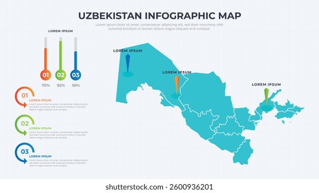 Infographic Map of Uzbekistan. Uzbekistan country map infographic colored vector template with regions and pointer marks.