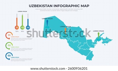 Infographic Map of Uzbekistan. Uzbekistan country map infographic colored vector template with regions and pointer marks.
