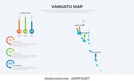 Infographic Map of Vanuatu. Vanuatu country map infographic colored vector template with regions and pointer marks.