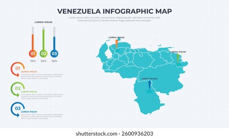 Infographic Map of Venezuela. Venezuela country map infographic colored vector template with regions and pointer marks.