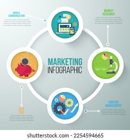 infographic marketing concept cycle template with 4 paper circles, icons and doodles. Vector. Can be used for web design and workflow layout